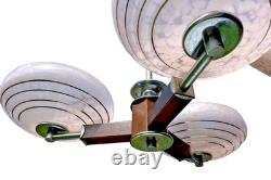 Art Deco Ceing Light Chandalier Pink Glass Modernist Wood 30s 50s MCM Trio