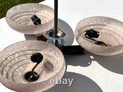 Art Deco Ceing Light Chandalier Pink Glass Modernist Wood 30s 50s MCM Trio