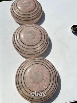 Art Deco Ceing Light Chandalier Pink Glass Modernist Wood 30s 50s MCM Trio