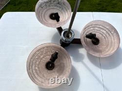 Art Deco Ceing Light Chandalier Pink Glass Modernist Wood 30s 50s MCM Trio