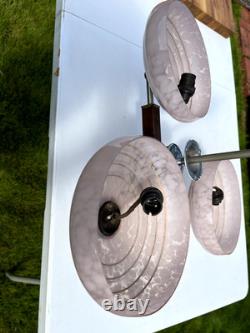 Art Deco Ceing Light Chandalier Pink Glass Modernist Wood 30s 50s MCM Trio