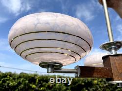 Art Deco Ceing Light Chandalier Pink Glass Modernist Wood 30s 50s MCM Trio