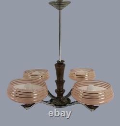 Art Deco Chandelier Fixture Art Glass Pink Shades Chrome 4 lights Antique