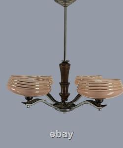 Art Deco Chandelier Fixture Art Glass Pink Shades Chrome 4 lights Antique