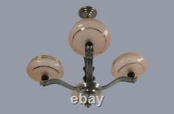 Art Deco Chandelier Fixture Art Glass Pink Shades Chrome 4 lights Antique