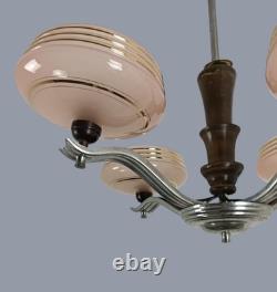 Art Deco Chandelier Fixture Art Glass Pink Shades Chrome 4 lights Antique
