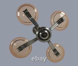 Art Deco Chandelier Fixture Art Glass Pink Shades Chrome 4 lights Antique