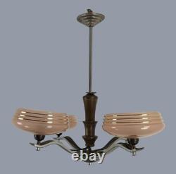 Art Deco Chandelier Fixture Art Glass Pink Shades Chrome 4 lights Antique