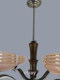 Art Deco Chandelier Fixture Art Glass Pink Shades Chrome 4 lights Antique