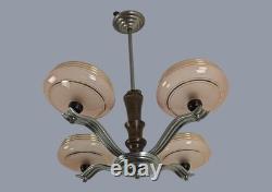 Art Deco Chandelier Fixture Art Glass Pink Shades Chrome 4 lights Antique