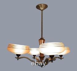 Art Deco Chandelier Fixture Art Glass Pink Shades Chrome 4 lights Antique