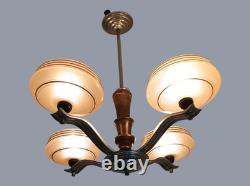 Art Deco Chandelier Fixture Art Glass Pink Shades Chrome 4 lights Antique