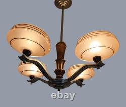 Art Deco Chandelier Fixture Art Glass Pink Shades Chrome 4 lights Antique