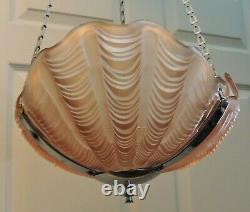 Art Deco Chrome & Pink Glass Shell Hanging Shade 1930's English Odeon Style