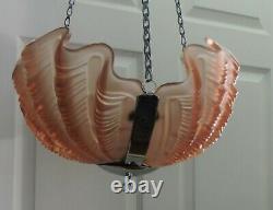 Art Deco Chrome & Pink Glass Shell Hanging Shade 1930's English Odeon Style