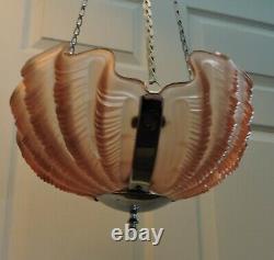 Art Deco Chrome & Pink Glass Shell Hanging Shade 1930's English Odeon Style