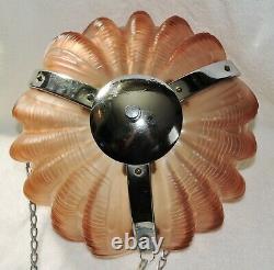 Art Deco Chrome & Pink Glass Shell Hanging Shade 1930's English Odeon Style