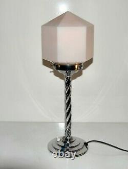 Art Deco Chrome Table Lamp & Geometric pink Glass Shade