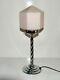 Art Deco Chrome Table Lamp & Geometric pink Glass Shade