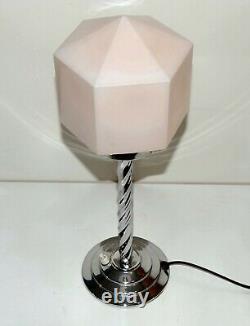 Art Deco Chrome Table Lamp & Geometric pink Glass Shade