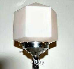 Art Deco Chrome Table Lamp & Geometric pink Glass Shade