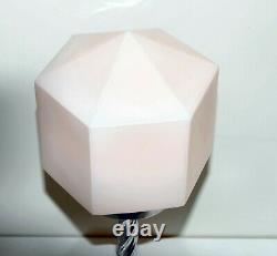 Art Deco Chrome Table Lamp & Geometric pink Glass Shade