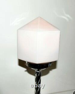 Art Deco Chrome Table Lamp & Geometric pink Glass Shade