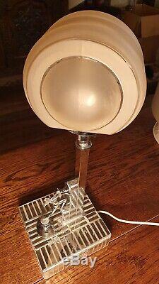 Art Deco Chrome Venetian Mirrored Glass And Pink Frosted Shade Table Lamp