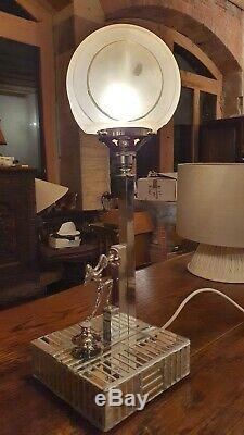 Art Deco Chrome Venetian Mirrored Glass And Pink Frosted Shade Table Lamp