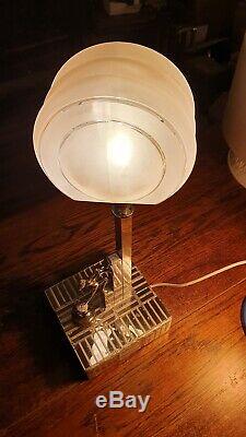 Art Deco Chrome Venetian Mirrored Glass And Pink Frosted Shade Table Lamp