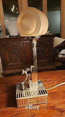 Art Deco Chrome Venetian Mirrored Glass And Pink Frosted Shade Table Lamp