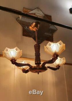 Art Deco Copper & Pink Frosted Glass Chandelier, 1920s Authentic Lighting