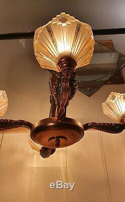 Art Deco Copper & Pink Frosted Glass Chandelier, 1920s Authentic Lighting