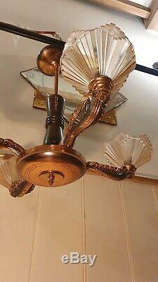 Art Deco Copper & Pink Frosted Glass Chandelier, 1920s Authentic Lighting