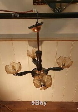Art Deco Copper & Pink Frosted Glass Chandelier, 1920s Authentic Lighting