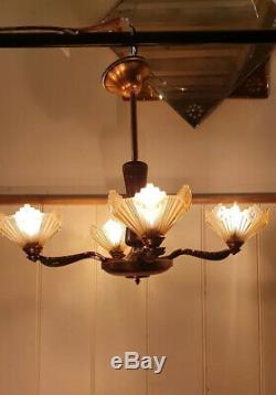 Art Deco Copper & Pink Frosted Glass Chandelier, 1920s Authentic Lighting