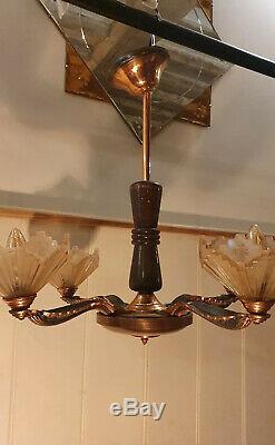 Art Deco Copper & Pink Frosted Glass Chandelier, 1920s Authentic Lighting