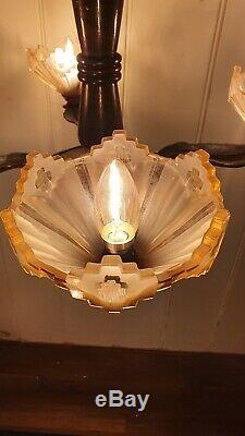 Art Deco Copper & Pink Frosted Glass Chandelier, 1920s Authentic Lighting