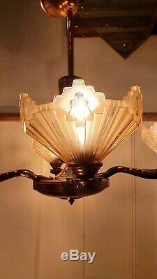 Art Deco Copper & Pink Frosted Glass Chandelier, 1920s Authentic Lighting