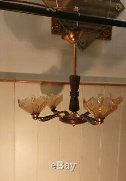 Art Deco Copper & Pink Frosted Glass Chandelier, 1920s Authentic Lighting