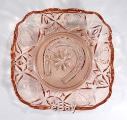 Art Deco Crown Crystal Pink Depression Glass Horseshoe Bowl