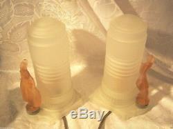 Art Deco Frosted Glass Table Lamps Pair With Pink Figures Vintage Rare