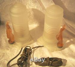 Art Deco Frosted Glass Table Lamps Pair With Pink Figures Vintage Rare