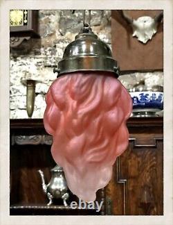 Art Deco Frosted Pink & White French Glass Flame Torch hanging light Shade 1920s