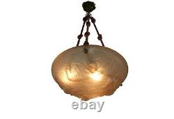 Art Deco Glass Pendant Chandelier Birds Decor Muller Freres France 1930s