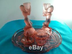 Art Deco Glass Walther Sohne pink peach Egyptian ladies Candlesticks C. 1930's