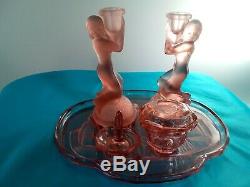 Art Deco Glass Walther Sohne pink peach Egyptian ladies Candlesticks C. 1930's
