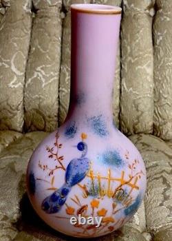 Art Deco Gundersen Peachblock Pink Glass Vase Hand Painted Peacock Design 8 3/4