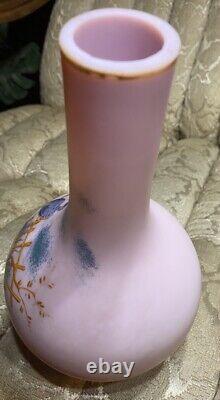 Art Deco Gundersen Peachblock Pink Glass Vase Hand Painted Peacock Design 8 3/4