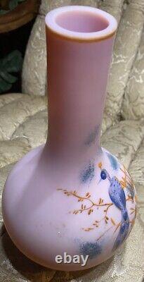 Art Deco Gundersen Peachblock Pink Glass Vase Hand Painted Peacock Design 8 3/4